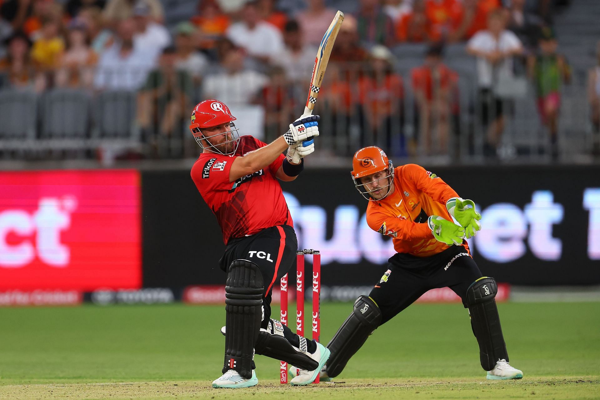 Aaron Finch bats during a Men's Big Bash League match between the Perth Scorchers and the Melbourne Renegades. Pic: Getty Images